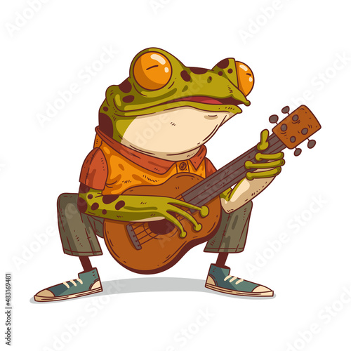 A frog playing guitar, vector illustration. Humanized musician frog. Cheerful anthropomorphic frog, sitting on his haunches and playing guitar with a glad face. An animal character with a human body.