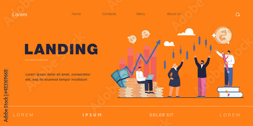 Trader character analyzing diagrams, growth and progress. Candlestick chart of stock market, moving up and down flat vector illustration. Motivation, achieving aim, forex, finance and economy concept