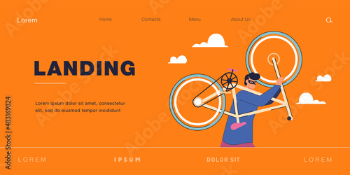 Thief running, man carrying stolen bicycle. Male criminal in mask and hoodie stealing bike from parking with lock flat vector illustration. Theft, surveillance in park, crime and robbery concept