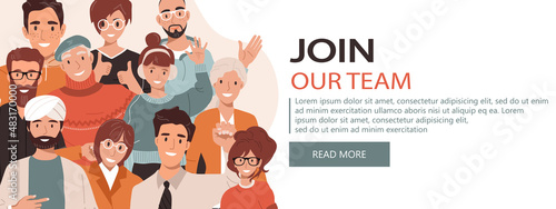 Join our community. Crowd of united people as a business or creative community standing together. Flat concept vector website template and landing page design for invitation to summit or conference	
