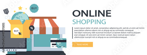 On line shopping and payment Methods. Mobile payments. Pay per click and online order. Flat vector illustration. Website banner
