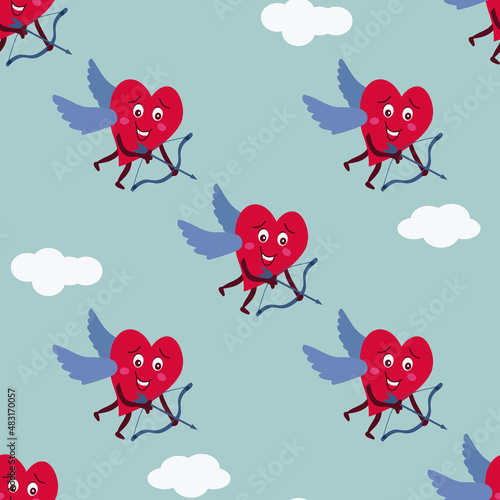Seamless pattern with cute characters hearts. Vector print for holiday package