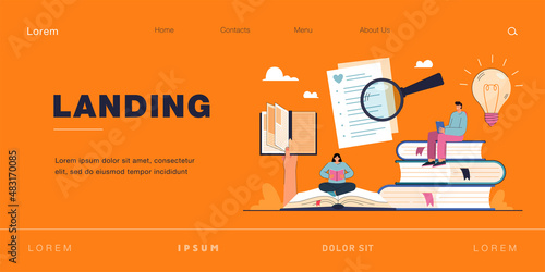 Tiny people reading books from list of quality literature. Man and woman ranking books and textbooks, winners receiving good feedback award flat vector illustration. Assessment, self education concept