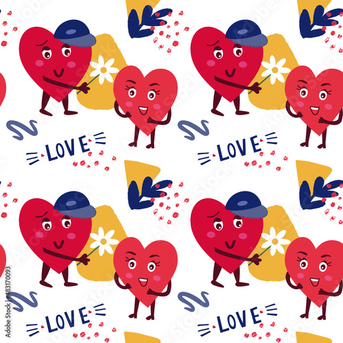 Seamless pattern with cute characters hearts. Vector print for holiday package