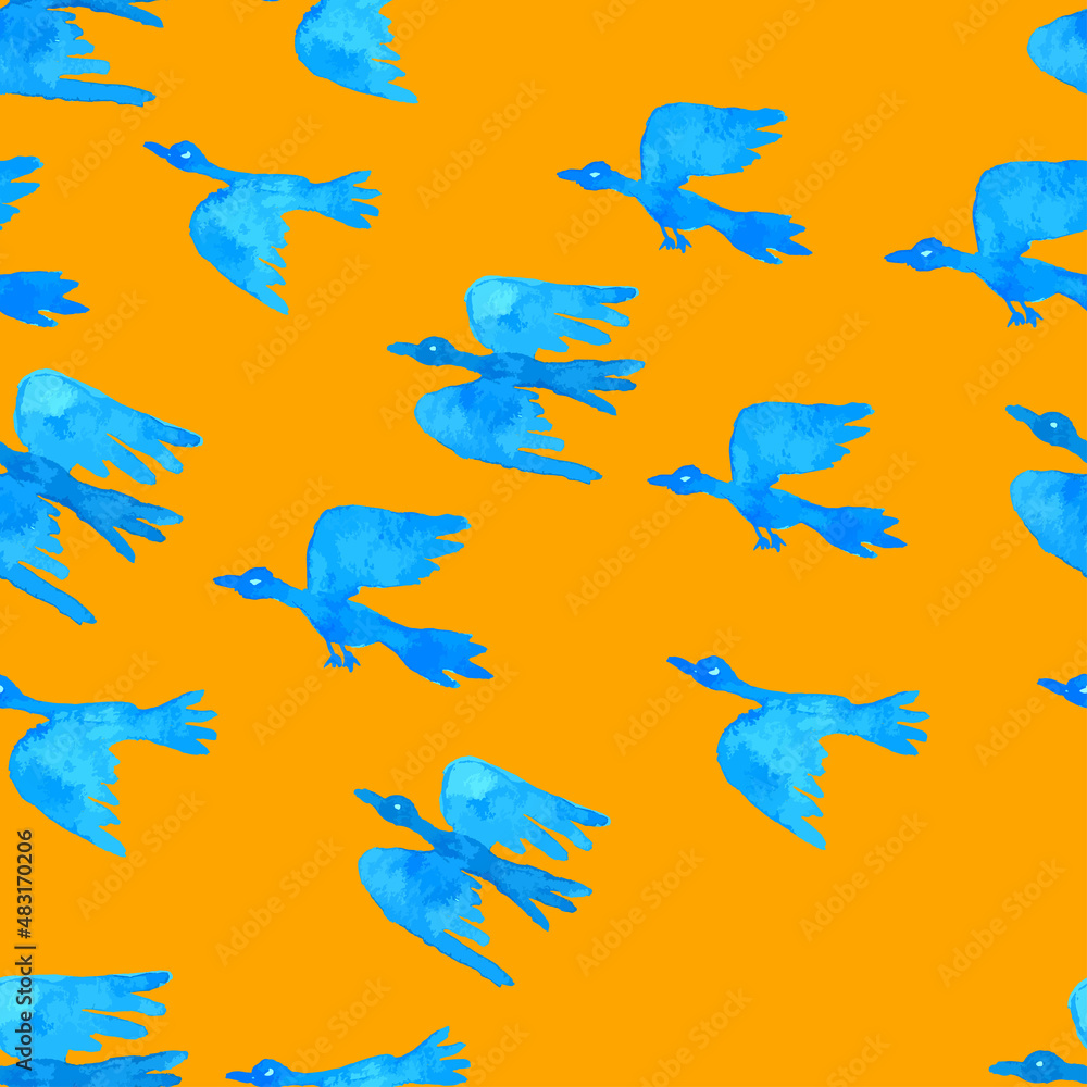 Fototapeta premium Seamless pattern of waterolor drawings of abstract blue flying birds