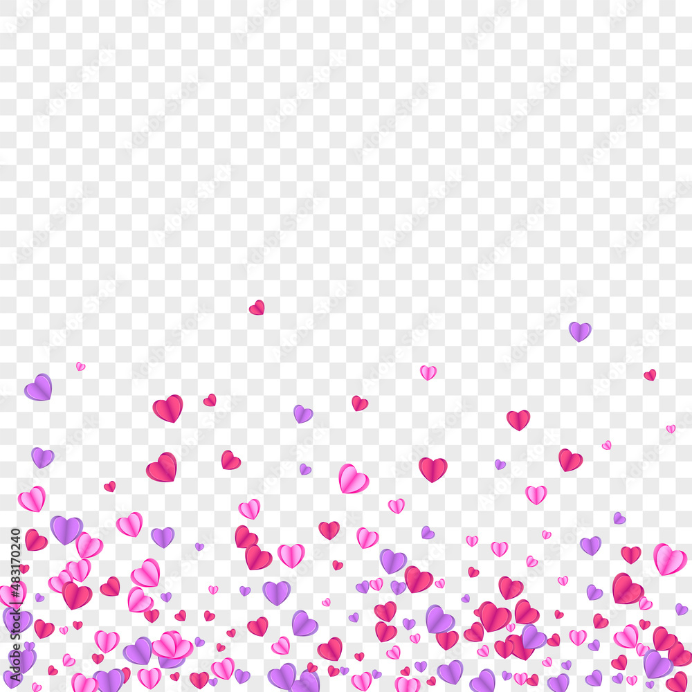 Fond Confetti Background Transparent Vector. Shape Pattern Heart. Pink February Backdrop. Tender Heart Random Texture. Violet Day Frame.