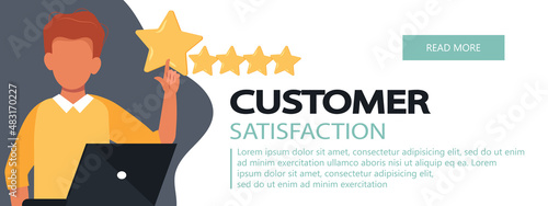 Concept of feedback, testimonials messages and notifications. Rating on customer service illustration. Five big stars with reviewer. Flat vector	
