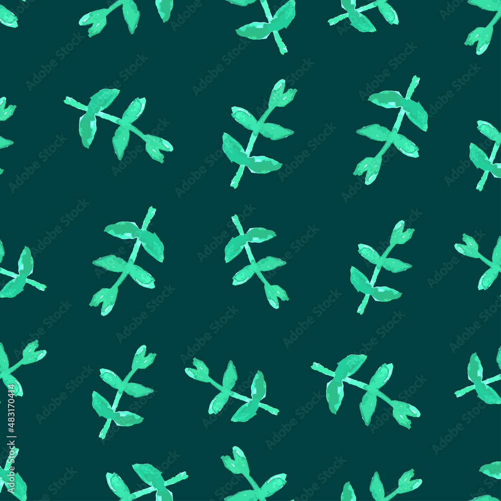 Fototapeta premium Seamless pattern of watercolor drawings silhouettes green twigs with leaves