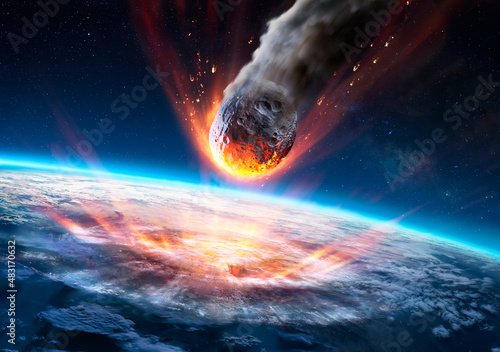 Fototapeta Naklejka Na Ścianę i Meble -  Asteroid Impact On Earth - Meteor In Collision With Planet - Contain 3d Rendering - elements of this image furnished by NASA