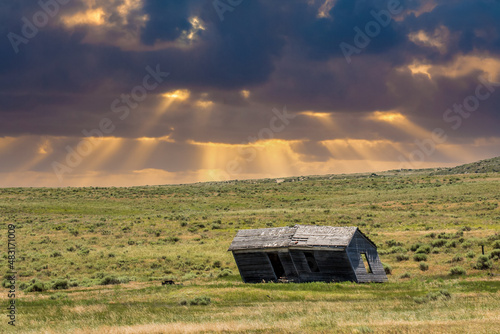 a leaning abandoned prairie shack, appears ready to collapse, on the Pawnee National Grasslands in north western Colorado photo