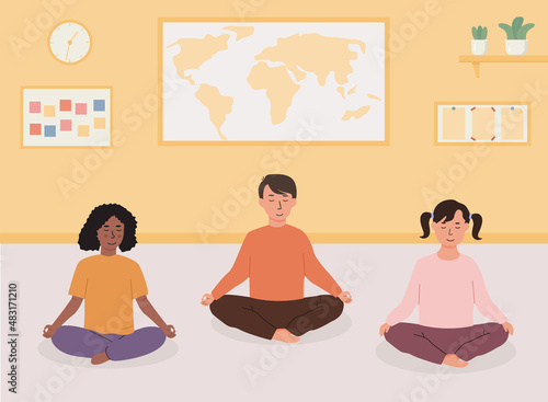 Primary or elementary school kids doing yoga in classroom. Smiling children sitting with cross legs meditating. Preschool activities, early childhood education concept. Alternative school. Vector.