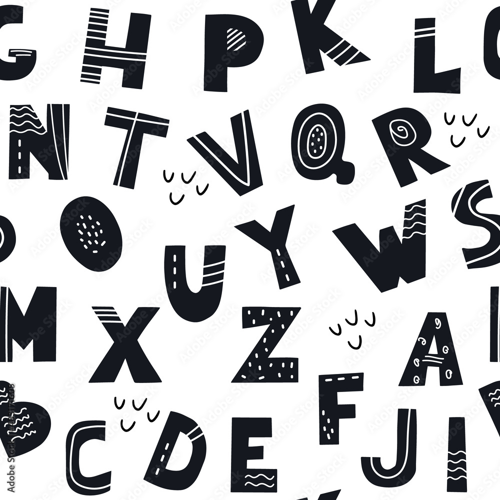 Fototapeta premium A seamless pattern of letters of the alphabet. Vector print for packaging, paper, children's textiles and home decor