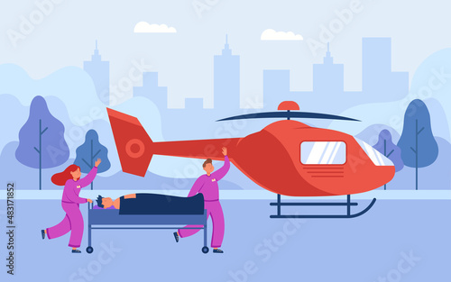 Doctors carrying patient to helicopter flat vector illustration. Male and female people in medical uniform carrying stretchers with emergency patient. Air medical transport, health, ambulance concept