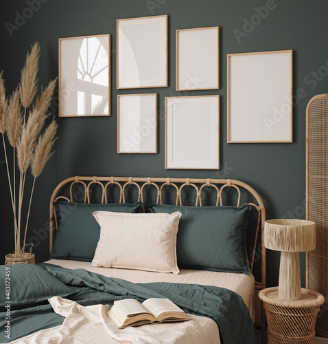 Poster frame mockup in dark blue bedroom interior background with rattan furniture, 3d render