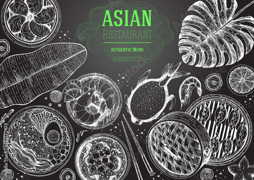 Asian cuisine top view frame. Food menu design with noodles, soup miso, dumplings shrimps and fruits. South China food menu. Vintage hand drawn sketch vector illustration.