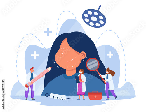 Tiny doctors examining huge patients face before surgery. Plastic surgeon drawing incision lines on womans face, preparing for esthetic surgery flat vector illustration. Cosmetic operation concept
