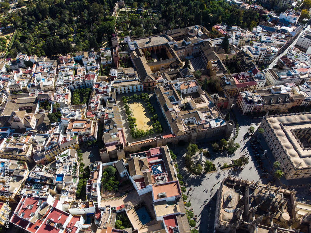 Aerial view of the Seville old town with the cathedral and the Alcazar castle in Andalucia in southern Spain