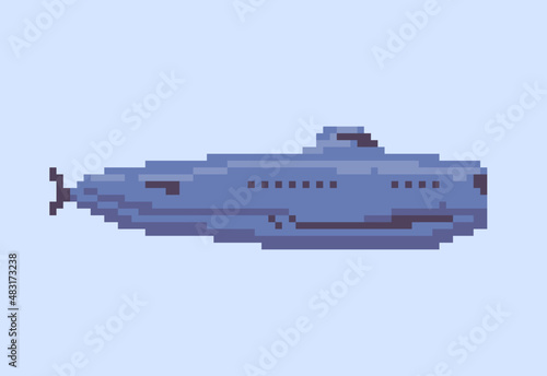 Illustration of blue submarine in pixel art style