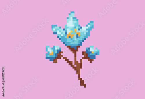 Illustration of a blue flower in pixel art style