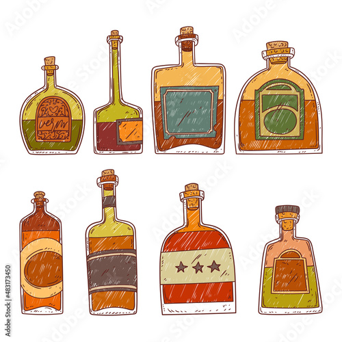 Vector set of isolated cartoon bottles. Bar menu. Contour illustration of vintage glass bottles with strong alcohol colored with scribbles. Doodle phials and vials and with blank labels.