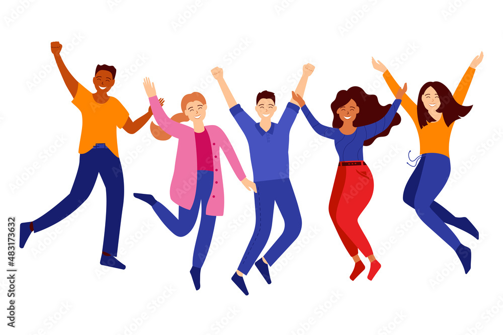 Students jumping. Young men and women smiling and  jumping together. Group of happy people celebrating victory. Vector illustration isolated on white.