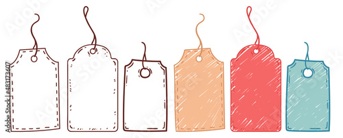 Blank price tags, vector set. Isolated doodle Labels. Contour and Colored illustration of Shopping Tags. Sale and discount symbols. Labels, simple line art, and illustrations colored with scribbles.