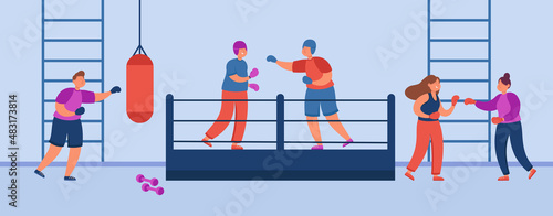 Male and female people boxing at gym flat vector illustration. Women and men practicing kicks and punches. Boxers training, fighting in boxing arena or ring, doing exercises. Sport club concept
