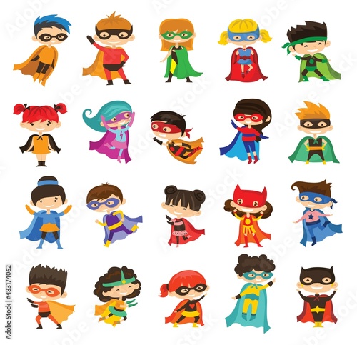 Vector illustrations in flat design of female and male kids superheroes in funny costume