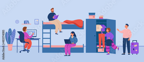 Students in college dormitory room flat vector illustration. Male and female teenagers reading books, studying, preparing for academic year in alternative accommodation. Study, hostel concept photo