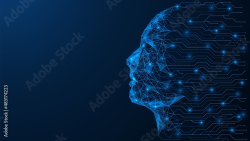 The printed circuit board forms the contour of a person's face. Loading data. Low-poly design of interconnected lines and dots. Blue background.