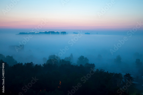 Foggy sunrise over Tyumen, Russia