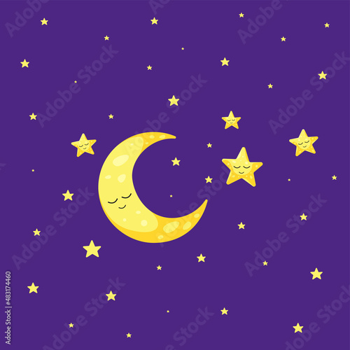 Cute moon and stars. Vector illustration.