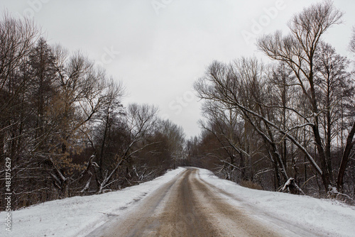 Russian winter road and snow-covered trees