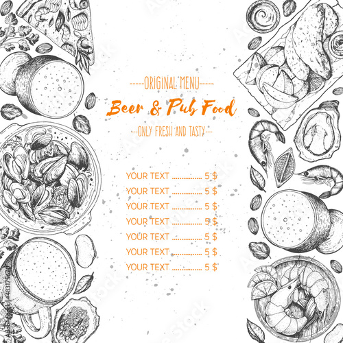 Pub food menu vector illustration. Beer, shrimps, mussels, oysters, fish and chips hand drawn. hand drawn. Food set for pub design top view. Vintage engraved illustration for beer restaurant