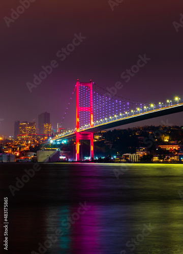 ISTANBUL  TURKEY. Istanbul Bosphorus Bridge  15 July Martyrs Bridge. Turkish  15 Temmuz Sehitler Koprusu . Beautiful Istanbul sunset.