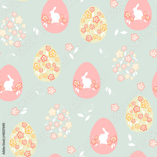 Vector seamless pattern of Happy Easter. Delicate pattern with Easter eggs and plants. Design for festive packaging, banners, printing, paper.
