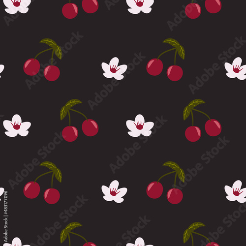 Seamless pattern with cherries and flowers. Color vector illustration for fabrics, wrappers, paper.