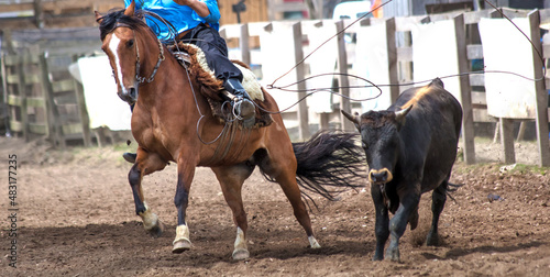 Closeup of cowboy riding horse.