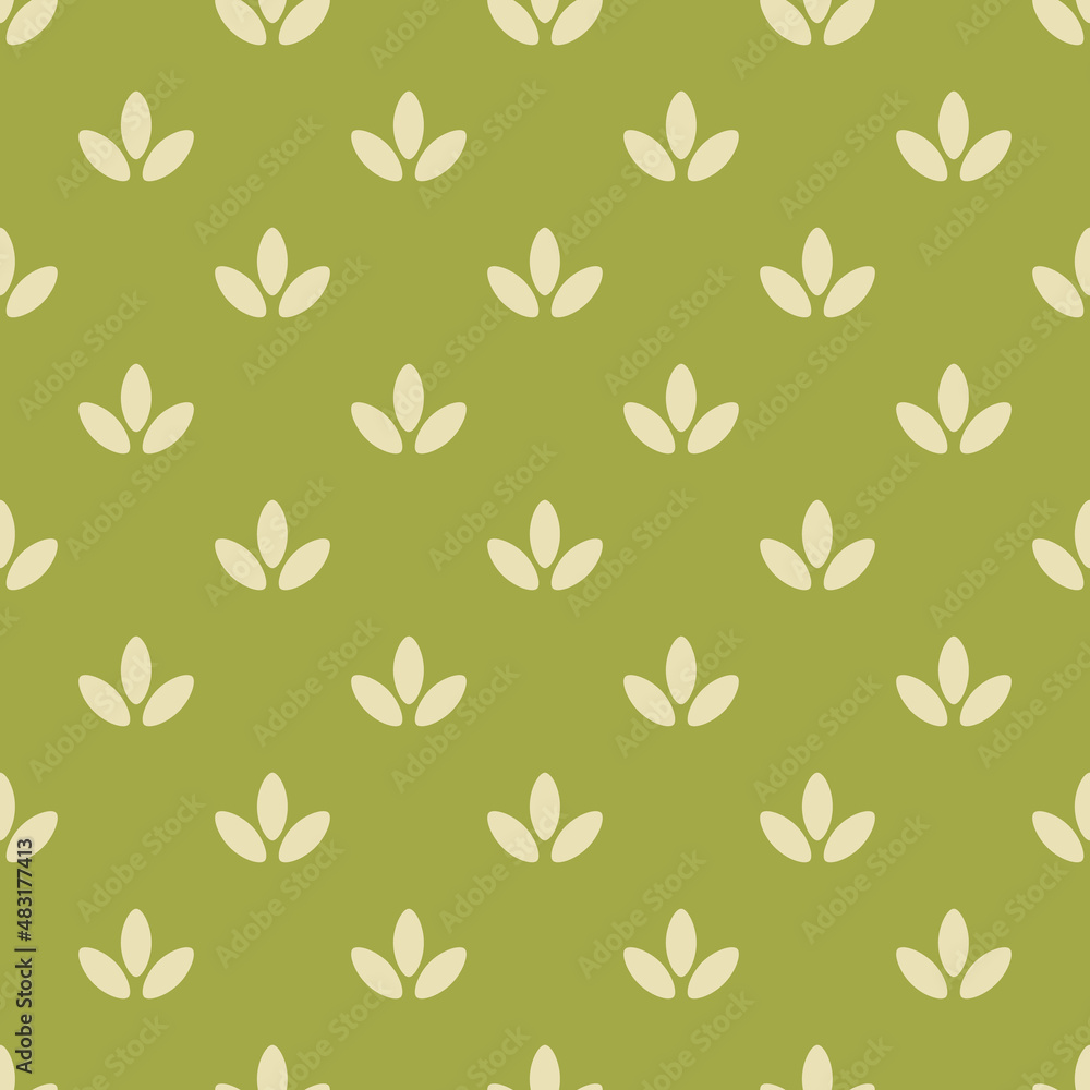 Seamless pattern with leaves. Abstract geometric pastel pattern with beige leafs. Green background with beige plants.