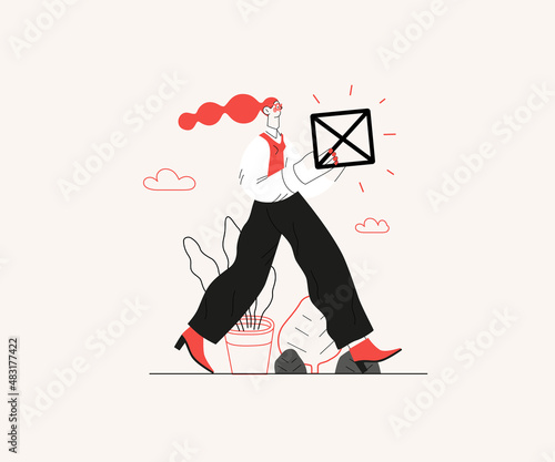 Startup illustration. Flat line vector modern concept illustration of young woman, startup metaphor. Concept of building new business, planning and strategy, teamwork and management, company processes