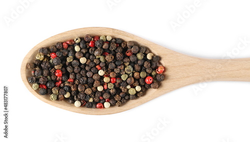 Colorful peppercorn mix, pepper pile with wooden spoon isolated on white background, top view