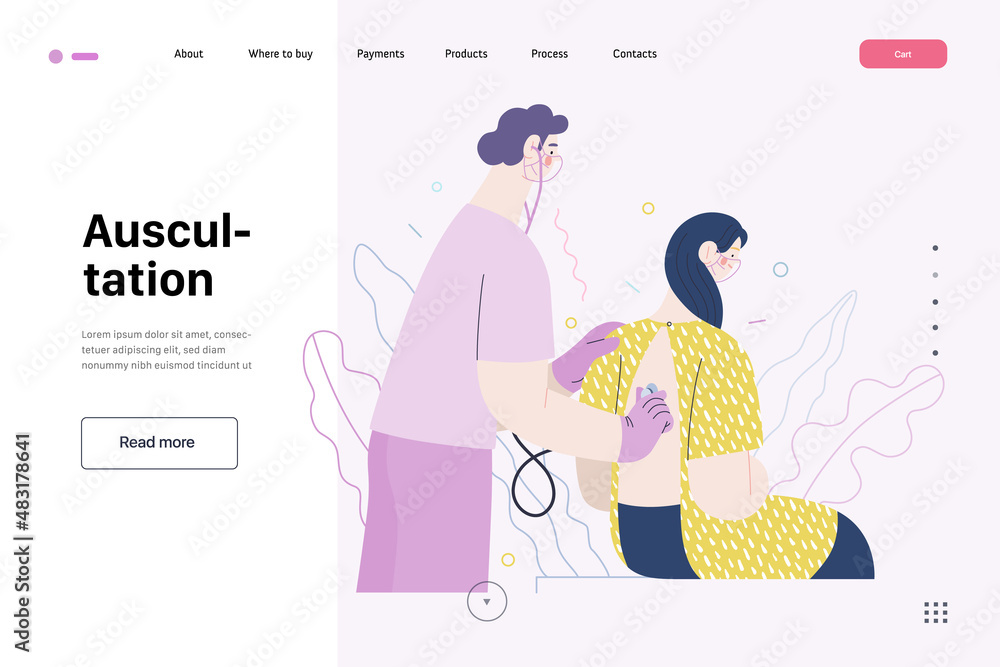 Obraz premium Doctor and patients -medical insurance, modern flat vector concept digital illustration. Stethoscope examination procedure - patient and doctor carrying out procedure, medical office or laboratory