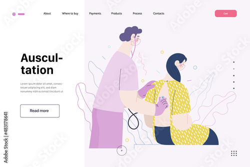 Doctor and patients -medical insurance, modern flat vector concept digital illustration. Stethoscope examination procedure - patient and doctor carrying out procedure, medical office or laboratory