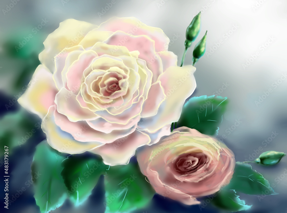 Naklejka premium Digital paintings landscape, yellow rose and pink rose on a green background