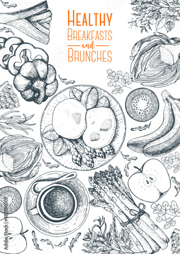 Fitness breakfasts and brunches top view frame. Healthy food menu design. Vintage hand drawn sketch vector illustration. Engraved style image. Fruits and vegetables for breakfast.