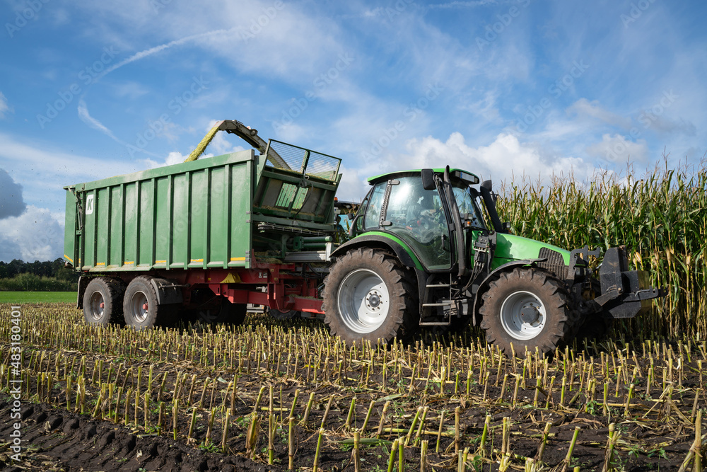 Maisernte - Traktor mit Erntewagen fährt neben dem Häcksler her, um das Erntegut zu laden. Maisernte - Traktor mit Erntewagen fährt neben dem Häcksler her, um das Erntegut zu laden.