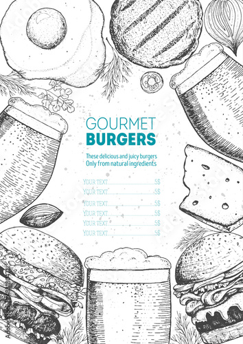 Beer and burgers vector illustration. Fast food, junk food frame. Pub food menu. Elements for burgers restaurant menu design. Engraved image, retro style.