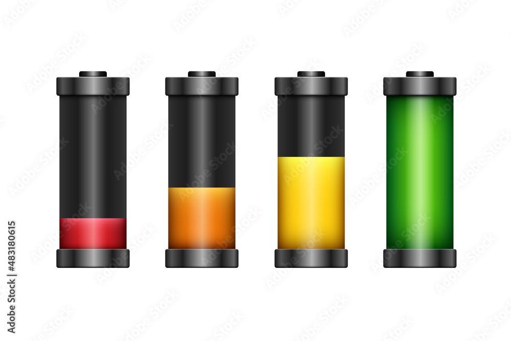 Batteries set. Charged and discharged batteries. Vector 3d clipart isolated on white background. Batteries set. Charged and discharged batteries. Vector 3d clipart isolated on white background.