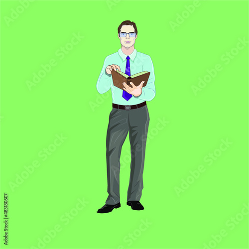 Büroangestellte, Callcenter, Anwalt, Fachleute mit Buch, Magazin, Gesetzbuch und usw. Vektorgrafik. Individuell auf hellgrün Hintergrund.