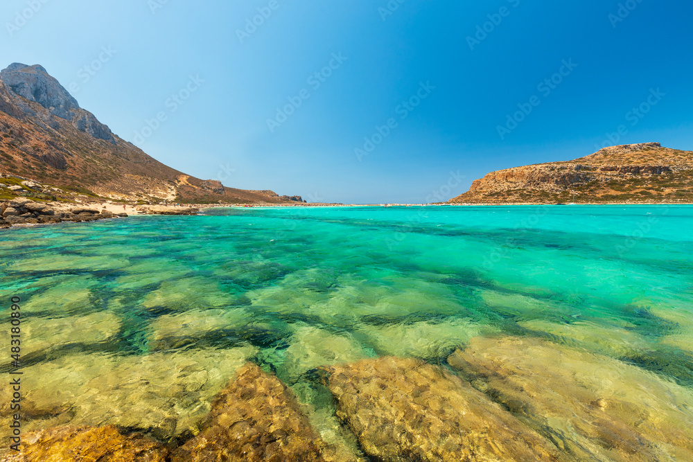 Balos, a paradise beach with a beautiful sea and rocks in Crete, Greece